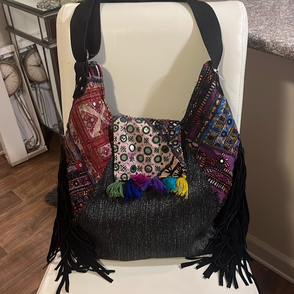 Suede fringe leather hobo bag